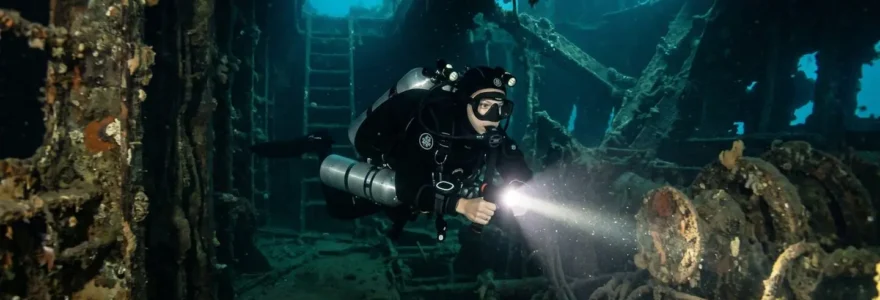 Plongeur tek explorant l'intérieur d'une épave avec un phare de plongée haute puissance illuminant les structures métalliques corrodées