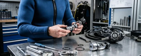 Technicien plongée en combinaison inspectant minutieusement un détendeur sur établi d'atelier spécialisé