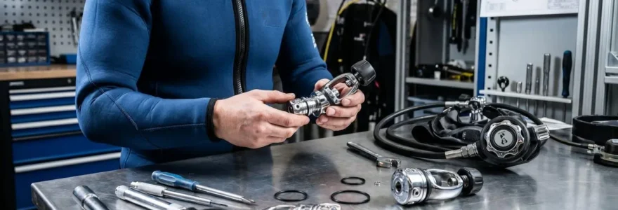 Technicien plongée en combinaison inspectant minutieusement un détendeur sur établi d'atelier spécialisé